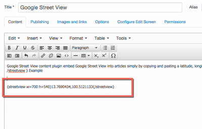 pasting a latitude, longitude between the  flags: {streetview}latitude,longitud{/streetview}